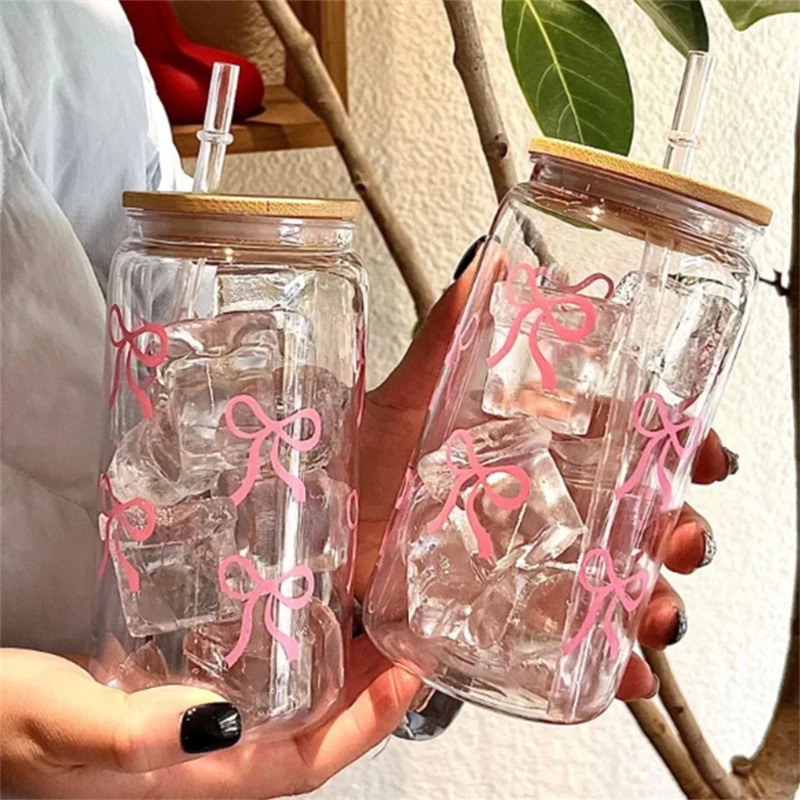 Training Cup Straw - 可愛いリボン付きガラスカップ 500ml タンブラー メイソンジャー型ボトル 蓋とストロー付き コーヒーカップ