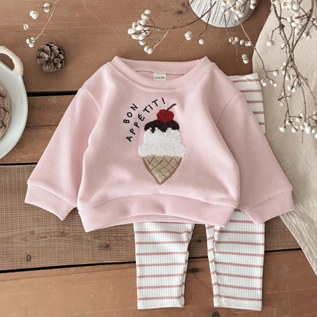 Baby Food Jelly - 2点セット 新生児用ベビー服 乳幼児用アウトフィット アイスクリーム柄パッチワークトップ+ストライプパンツセット 0-3歳