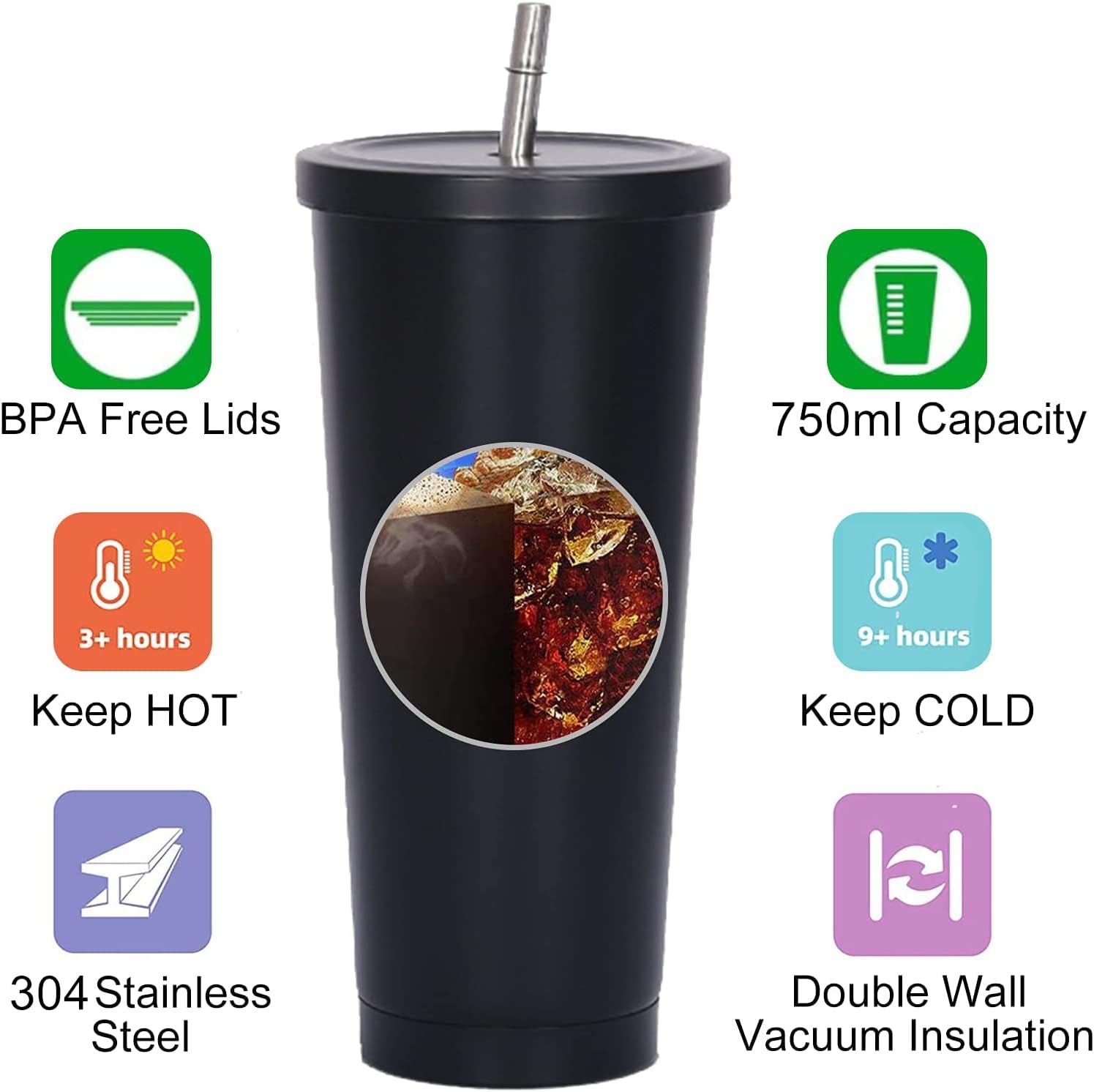 Training Cup Straw - 750ml二重壁断熱タンブラー、ストロー付き、再利用可能なステンレス製コーヒーカップ、蓋付き、お茶や冷たい飲み物用、ドリンクマグ