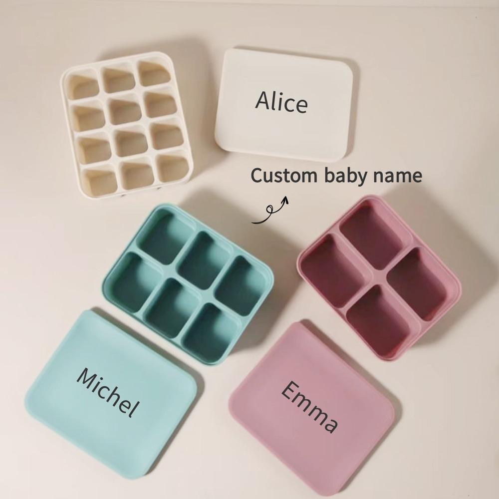 Freezer Tray Baby - 名前入りベビーフードフリーザートレイ、12セルBPAフリーシリコン製アイスキューブ型、自家製ベビーフード＆ピューレ用
