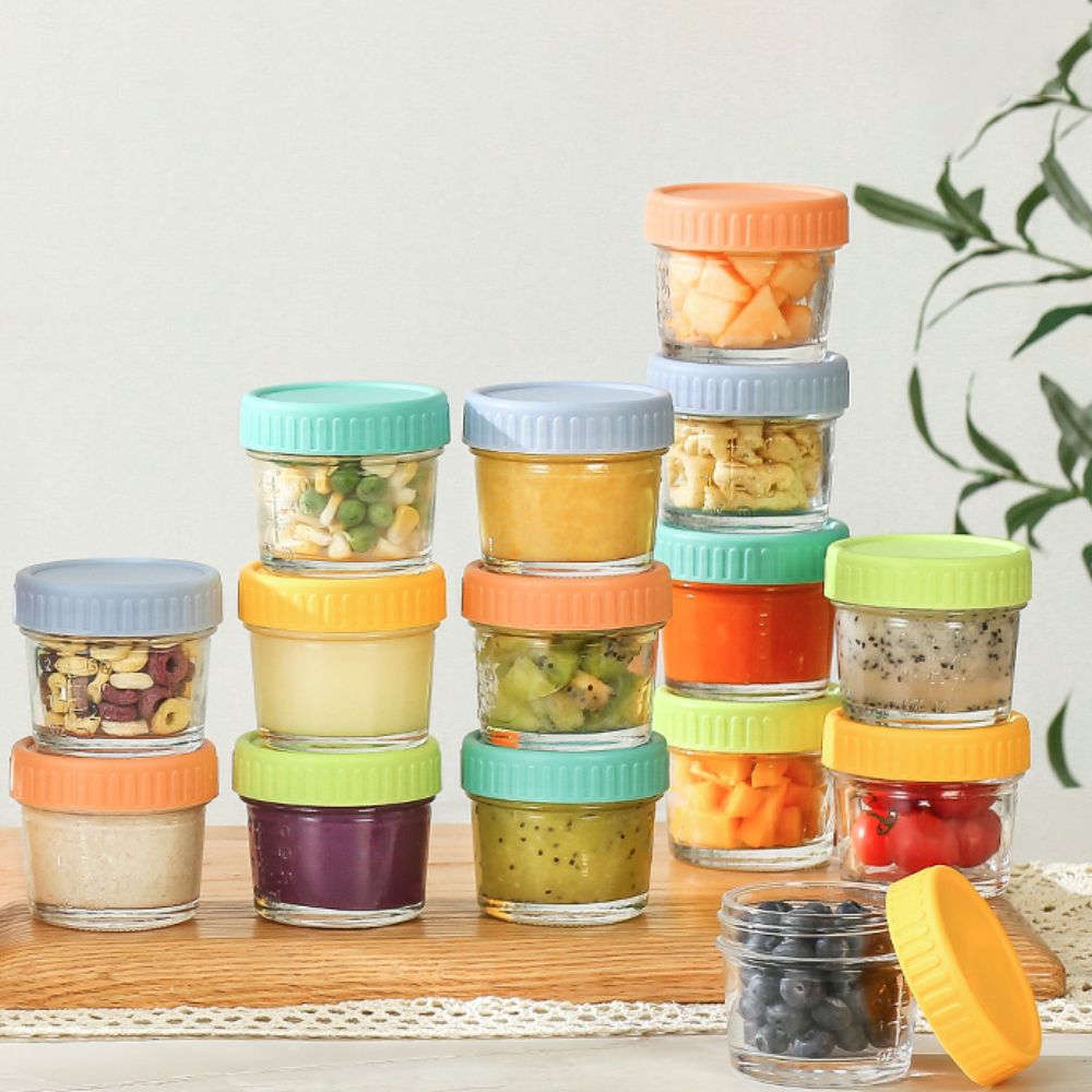 Baby Food Containers Glass - 6個入りガラス製ベビーフードジャー、再利用可能、蓋付き、ディップソースカップ、漏れ防止、目盛り付き、サラダドレッシング容器、蜂蜜用