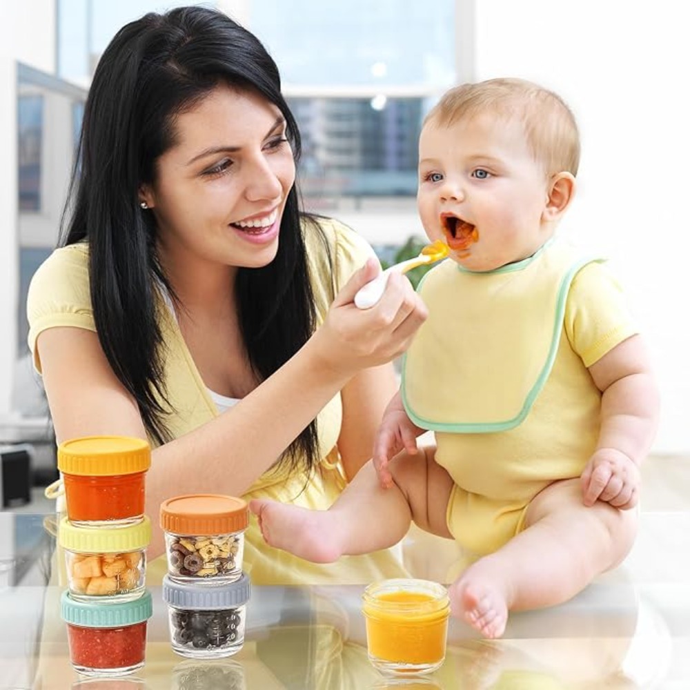 Baby Food Containers Glass - 6個入りガラス製ベビーフードジャー 再利用可能 目盛り付き ディップソースカップ 蓋付き漏れ防止 サラダドレッシング容器