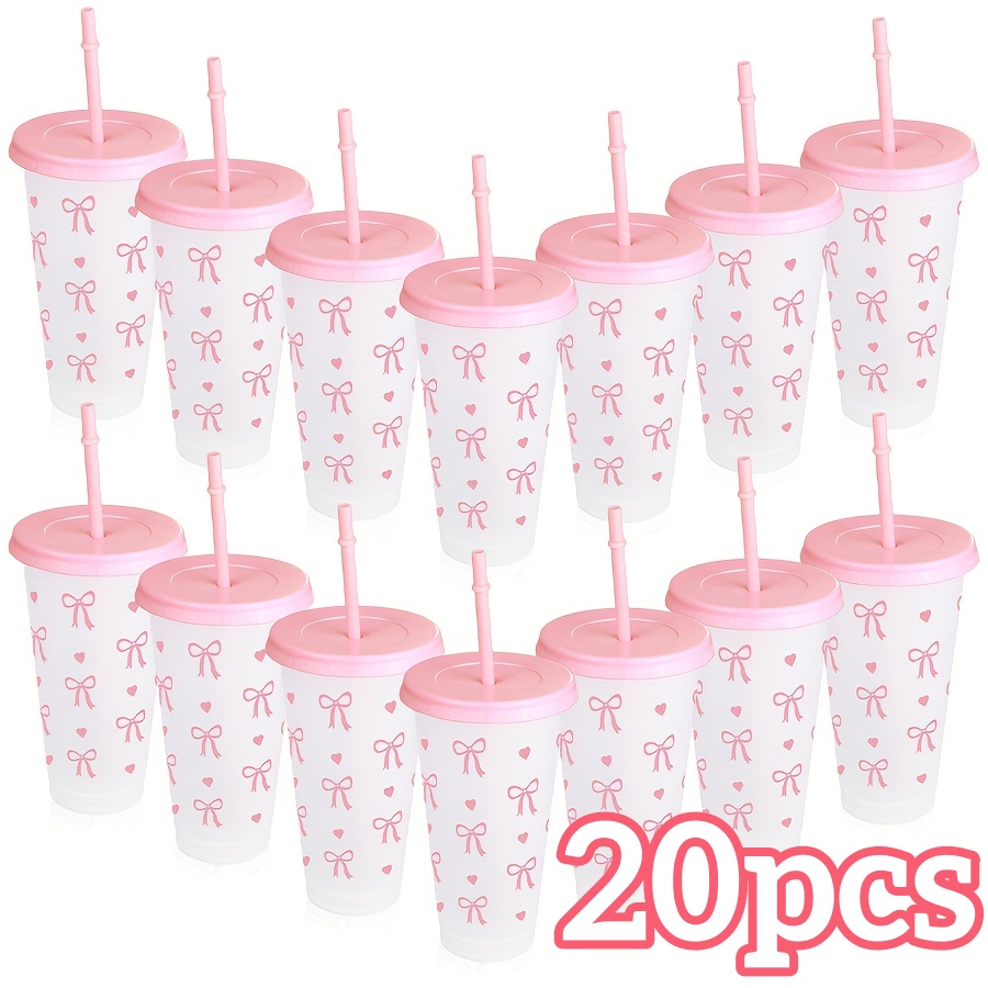 Training Cup Straw - 2/20個入り 24オンス 再利用可能 パーティーカップ ストローと蓋付き 可愛いリボン付き