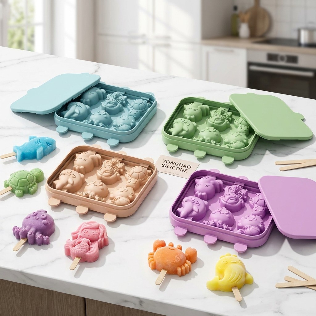 Baby Food Jelly - 6 キャビティマーメイド海の生き物シリコンモールド蓋付きベビーフードサプリメント蒸しトレイチョコレートゼリーケーキデコレーションツール