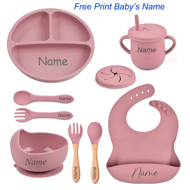 Baby Food Logo - 8 個のシリコーン食器セットパーソナライズされた名前ロゴベビー給餌セットスプーンフォーク吸盤ボウルシリコーンディナープレート子供のための