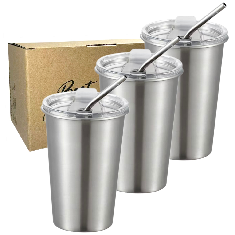 Training Cup Straw - 3個セット ステンレス製カップ パイントカップ ストロー付き蓋 子供と大人用 タンブラー