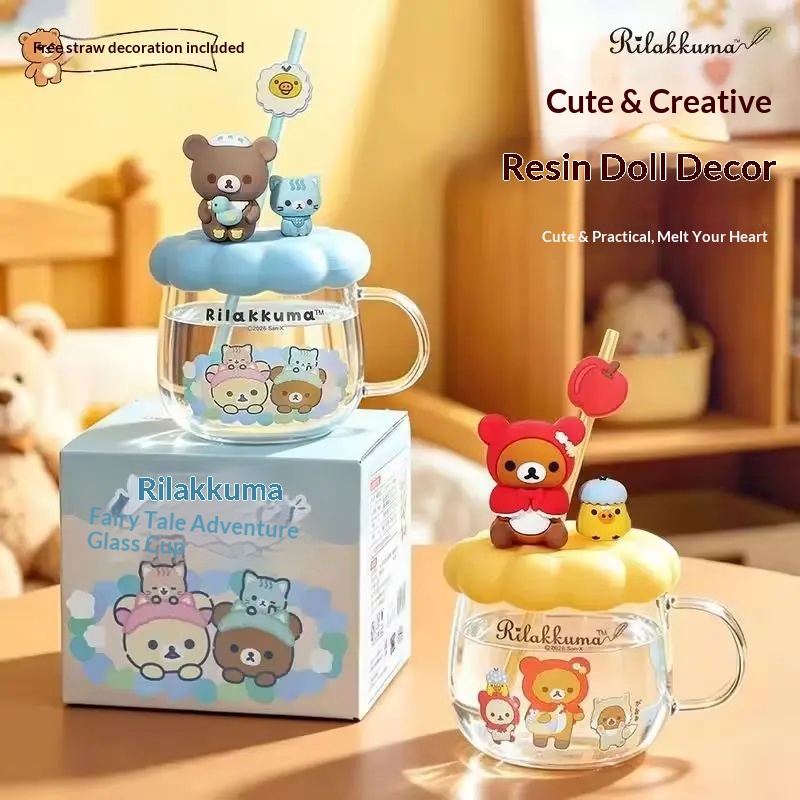 Training Cup Straw - リラックマ ガラス製ウォーターカップ 蓋とストロー付き 耐熱性 かわいい漫画柄 ドリンクマグ