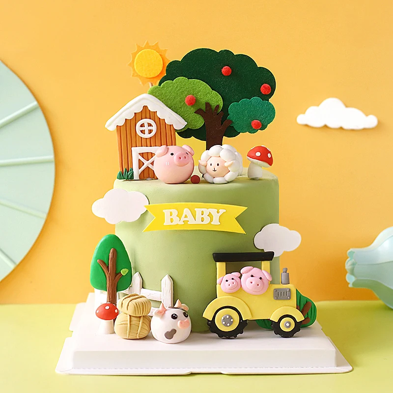 Baby Food Dessert - ハッピーバースデーケーキトッパーファームズーンポリマークレイトラクター子牛子羊キッズパーティーケーキデコレーションベビーシャワーデザート装飾