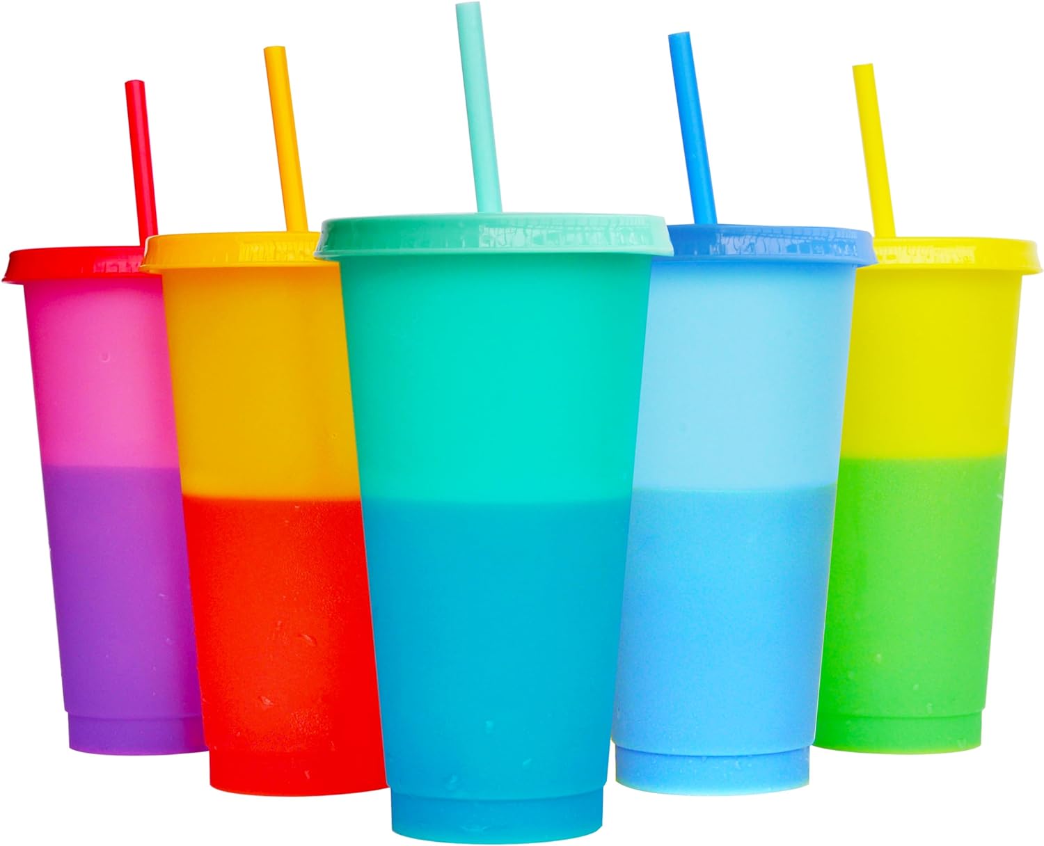 Training Cup Straw - 3個パック プラスチック製のかわいいコールドカップ 蓋とストロー付き アイスドリンク用 24オンス 色が変わる