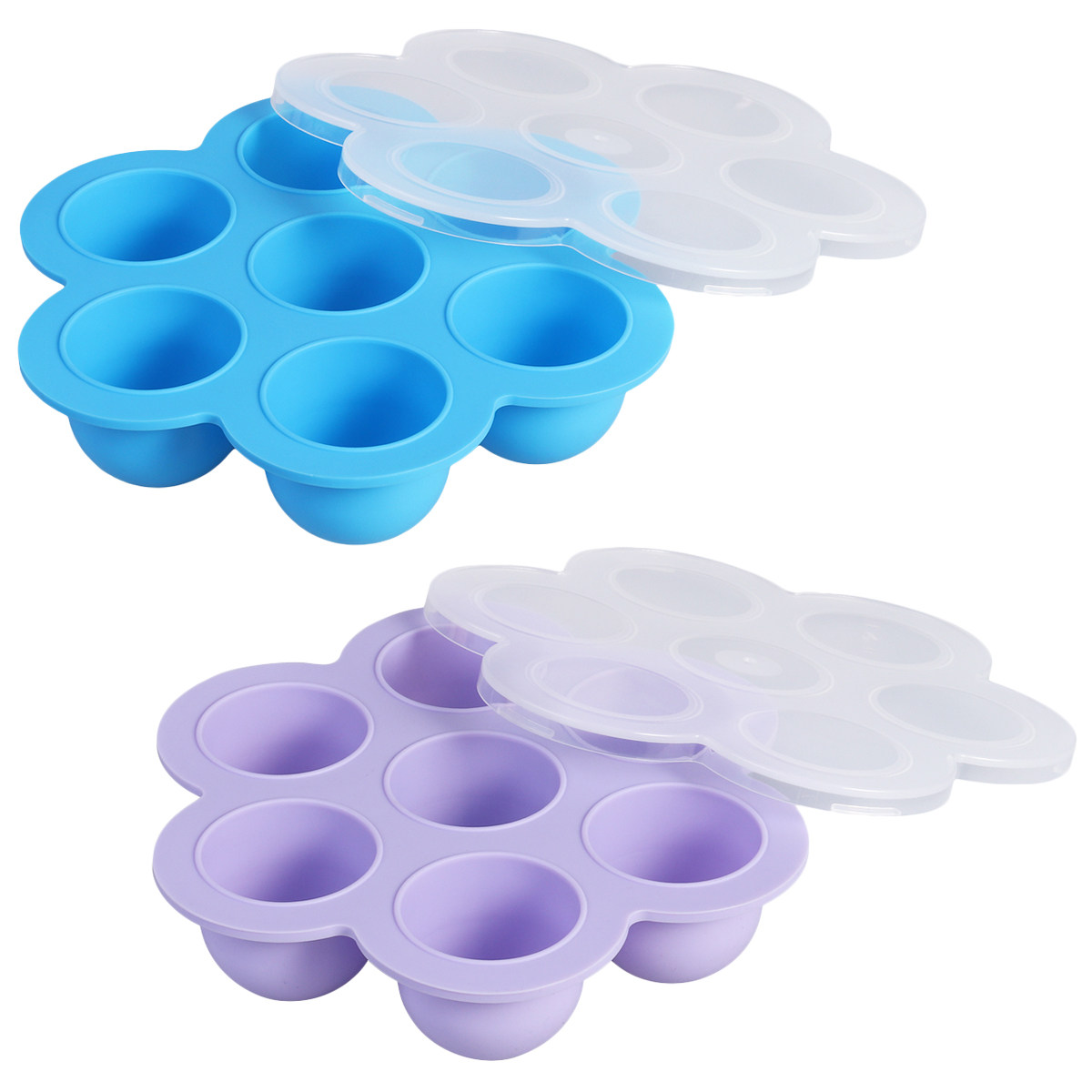 Freezer Tray Baby - 離乳食用の食品保存トレー2個セット。食品グレードのシリコン製で、7つの仕切りがあり、蓋が付いています。冷凍庫や電子レンジでの使用も可能です。