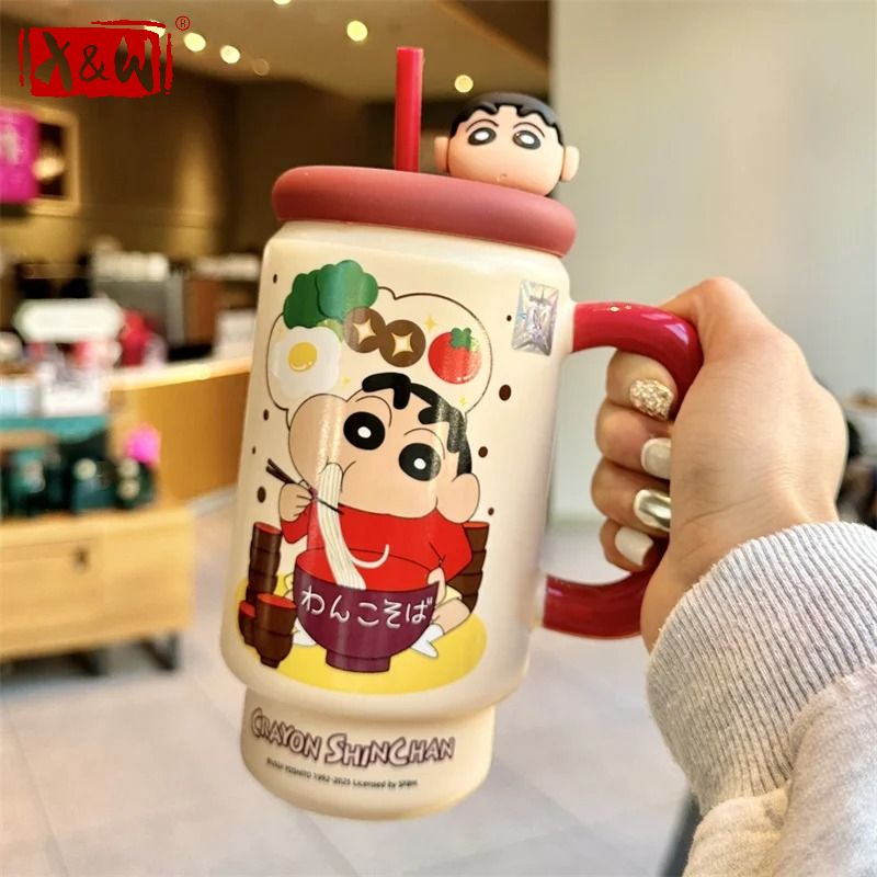 Training Cup Straw - X&W クレヨンしんちゃん セラミック製ウォーターカップ 600ml 漫画ストローカップ 蓋付き