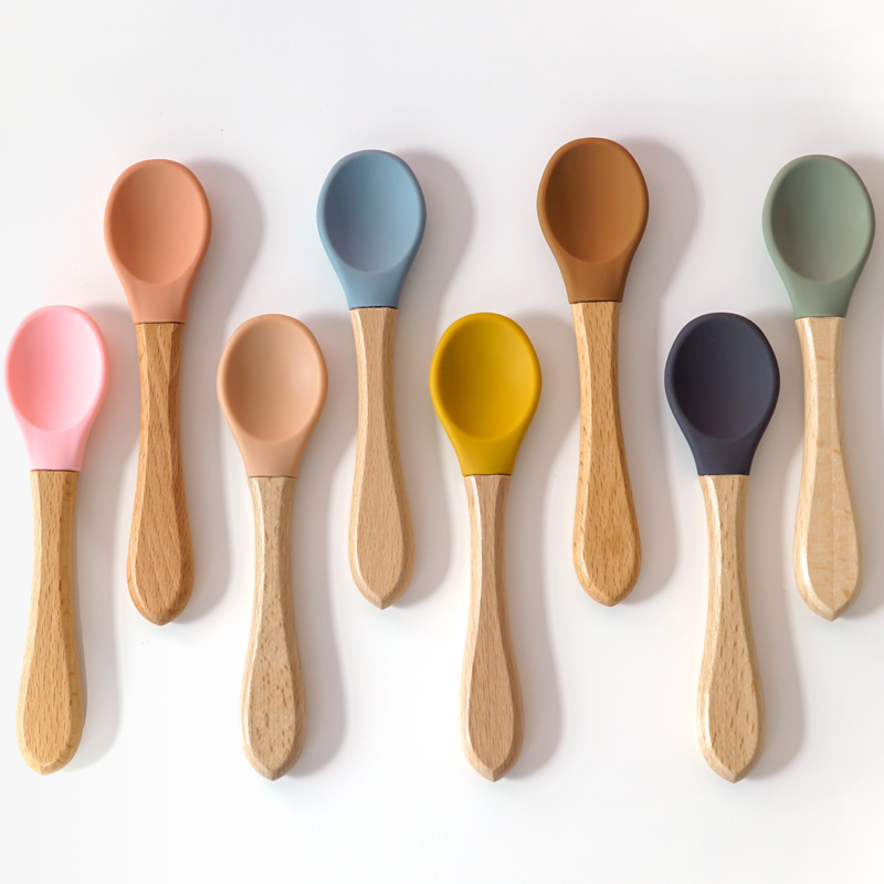 Baby Food Category - 給餌木製ハンドルシリコーンスプーンベビー用品食べる土壌食品子供トレーニング操作能力子供の食器