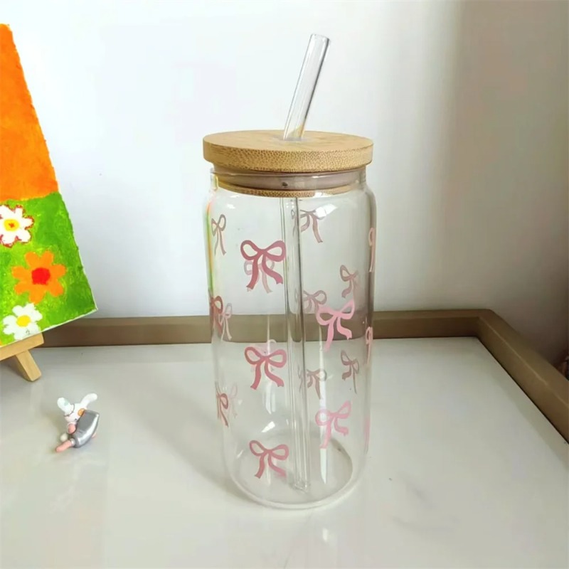 可愛いリボン付きガラスカップ 500ml タンブラー メイソ - Training Cup Straw のレビューと価格