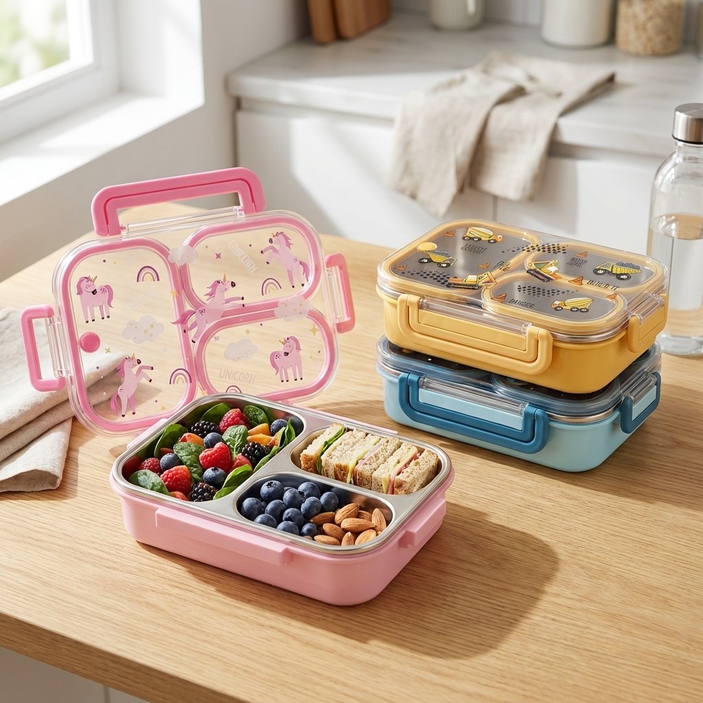 大容量漫画柄子供用ランチボックス、ハンドル付き、持ち運び可能 - Baby Food Container のレビューと価格